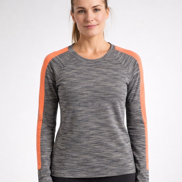 Athleta Tops - Athleta Snowscape Quilted Crew Neck Pullover Gray Orange Active Top M